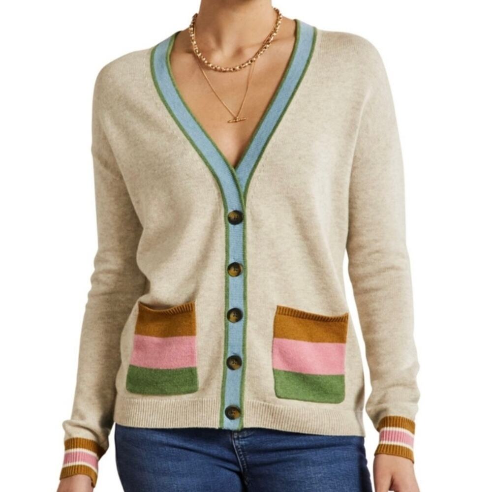 Cherry Cloth Candy Stripe Button Down V-Neck Knit Cardigan Sweater Sz Large NEW